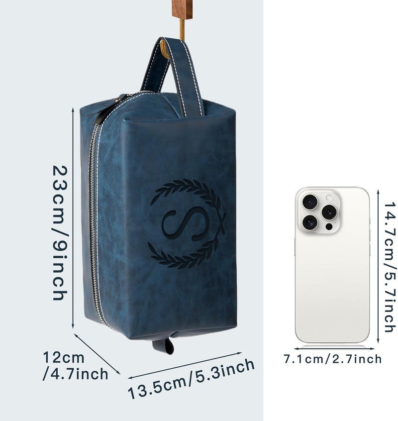 Aganmi Personalized Gifts Travel Toiletry Bag for Men Engraved Initial PU Leather Waterproof Shaving Bag for Toiletries Accessories Fathers Day Birthday Gift for Men Dad Husband Son, Dark Blue M - Image 5